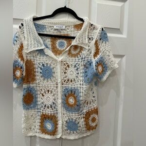 New! Women's Button-Up Crochet Blouse - Cream, Blue, Orange, M/L